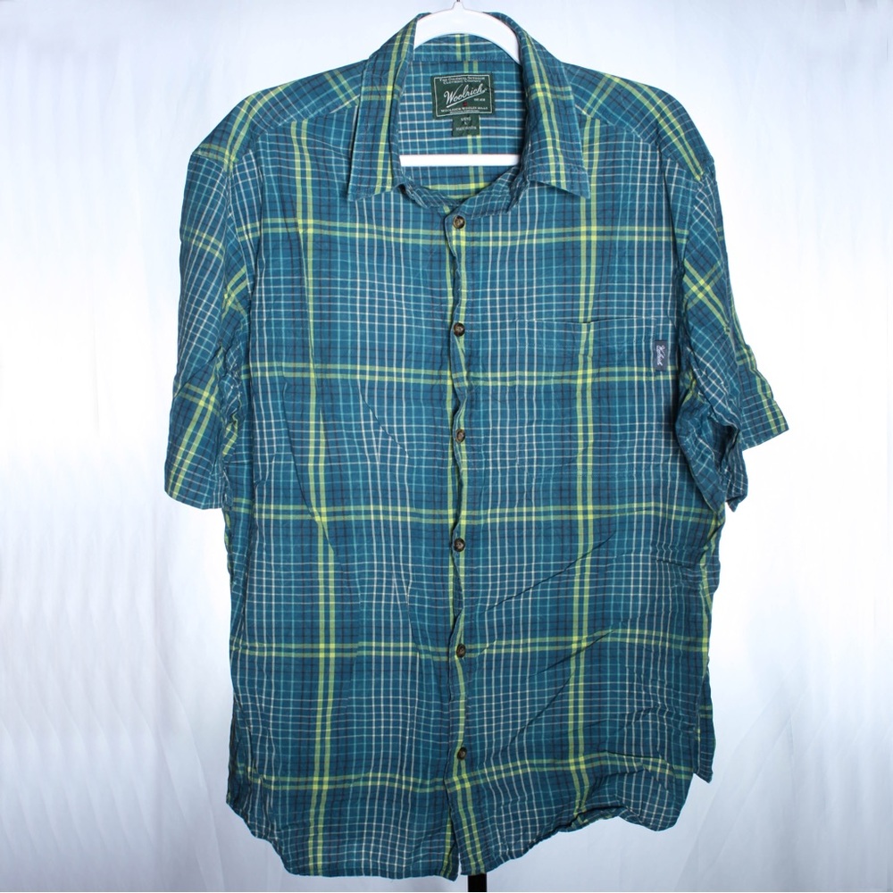 Woolrich Short SleeveButton Up Shirt Mens L Large Blue/Yellow Plaid